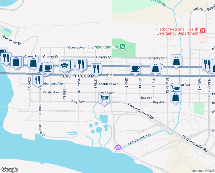map of restaurants, bars, coffee shops, grocery stores, and more near 2736 Aberdeen Avenue in Hoquiam