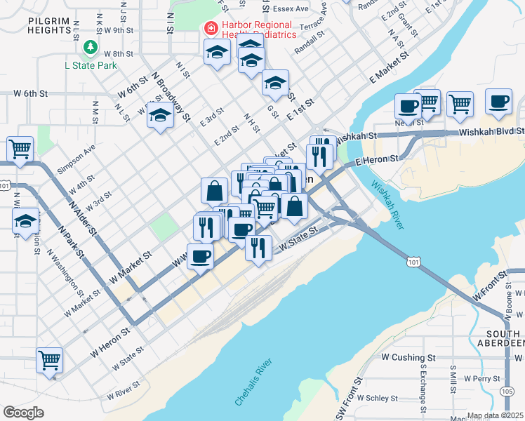 map of restaurants, bars, coffee shops, grocery stores, and more near 208 South Broadway Street in Aberdeen