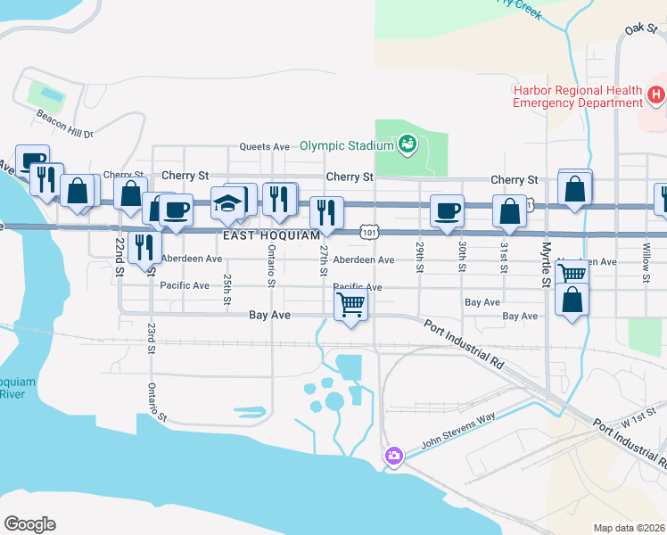 map of restaurants, bars, coffee shops, grocery stores, and more near 2706 Aberdeen Avenue in Hoquiam