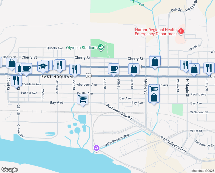 map of restaurants, bars, coffee shops, grocery stores, and more near 2908 Aberdeen Avenue in Hoquiam