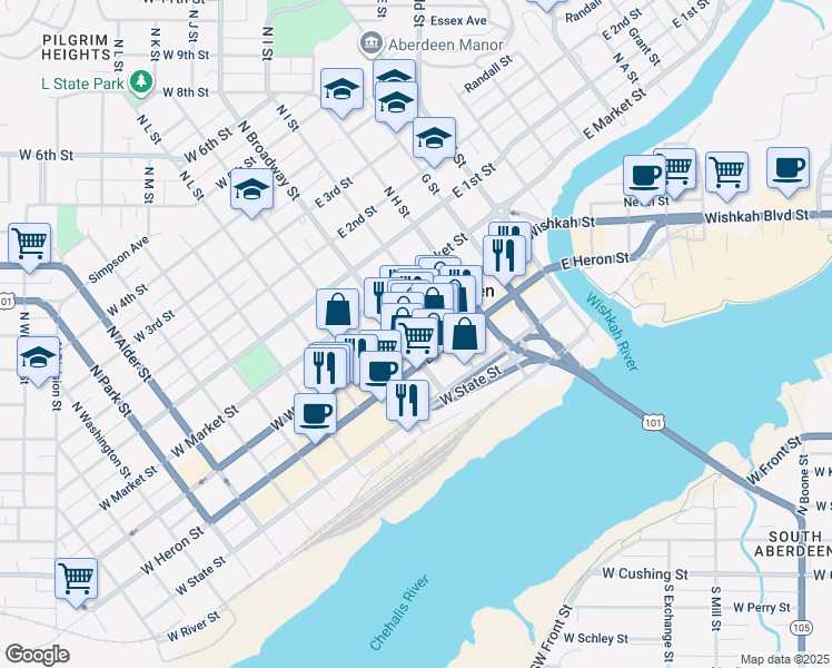 map of restaurants, bars, coffee shops, grocery stores, and more near 208 South Broadway Street in Aberdeen