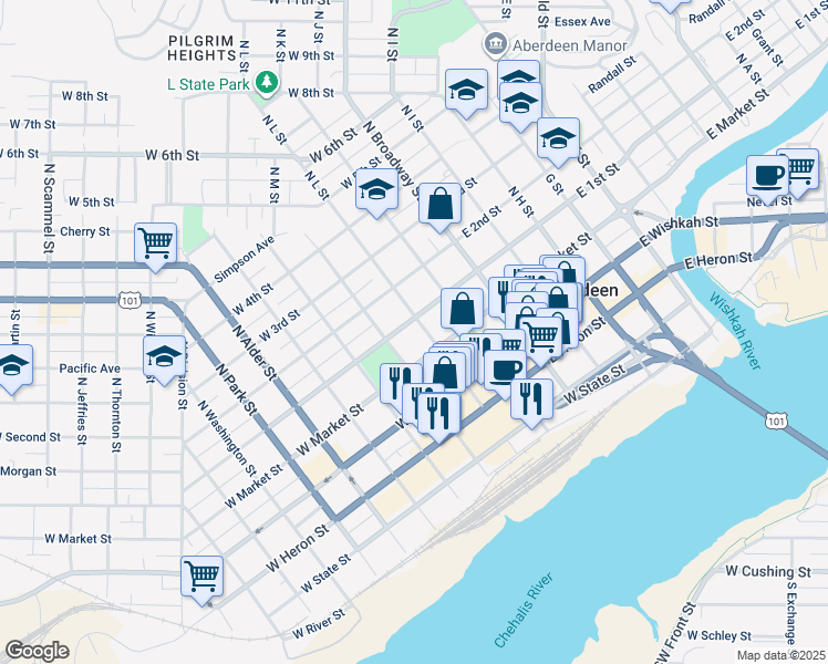 map of restaurants, bars, coffee shops, grocery stores, and more near 300 West Market Street in Aberdeen