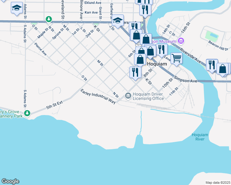 map of restaurants, bars, coffee shops, grocery stores, and more near 712 N Street in Hoquiam