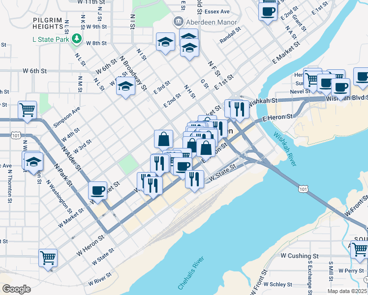 map of restaurants, bars, coffee shops, grocery stores, and more near 118 East Wishkah Road in Aberdeen