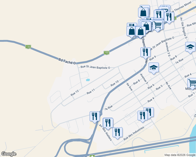 map of restaurants, bars, coffee shops, grocery stores, and more near 183 12e Rue in Montmagny