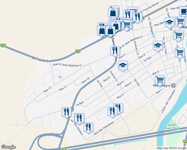 map of restaurants, bars, coffee shops, grocery stores, and more near 87 6e Avenue in Montmagny