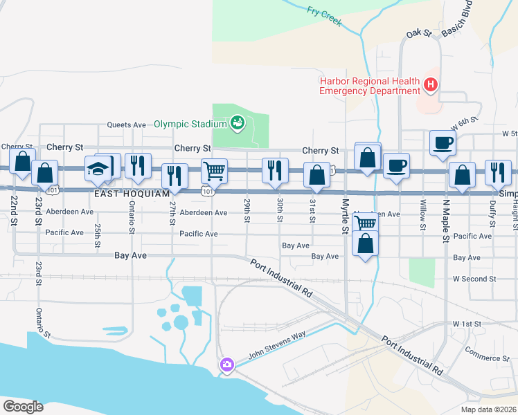 map of restaurants, bars, coffee shops, grocery stores, and more near 2908 Aberdeen Avenue in Hoquiam