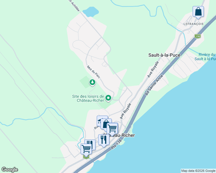 map of restaurants, bars, coffee shops, grocery stores, and more near 44 Montée du Parc in Château-Richer