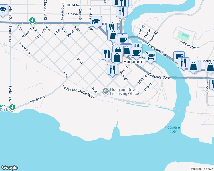 map of restaurants, bars, coffee shops, grocery stores, and more near 620 8th Street in Hoquiam