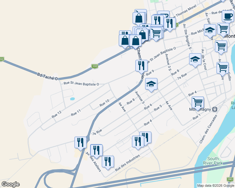 map of restaurants, bars, coffee shops, grocery stores, and more near 87 6e Avenue in Montmagny