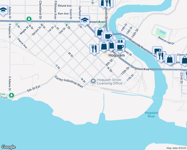 map of restaurants, bars, coffee shops, grocery stores, and more near 620 8th Street in Hoquiam