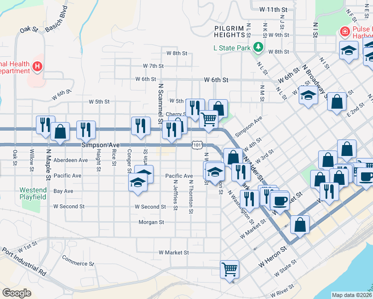 map of restaurants, bars, coffee shops, grocery stores, and more near 1500 Simpson Avenue in Aberdeen
