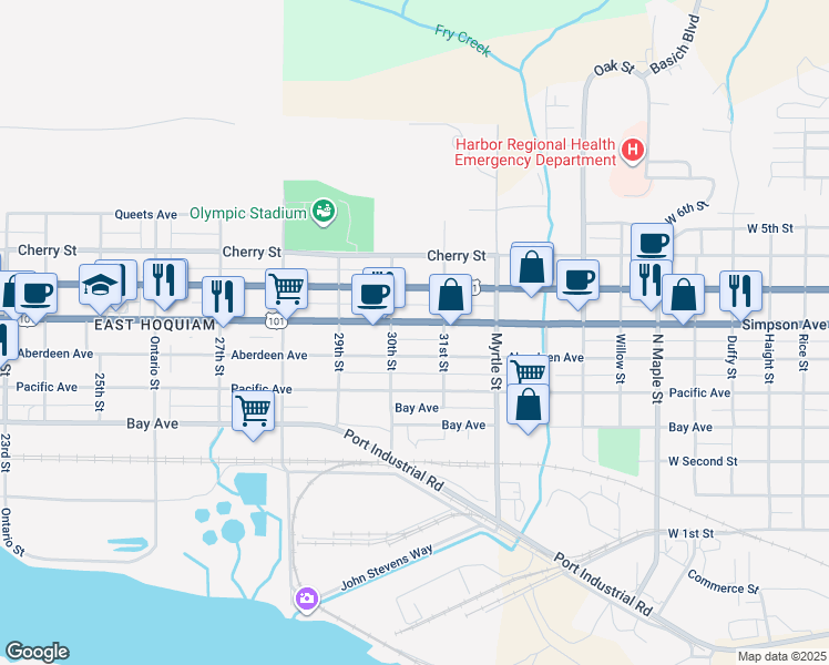 map of restaurants, bars, coffee shops, grocery stores, and more near 3025 Simpson Avenue in Hoquiam