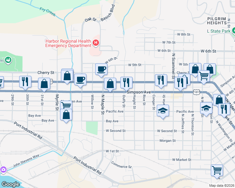 map of restaurants, bars, coffee shops, grocery stores, and more near 2222 Simpson Avenue in Aberdeen