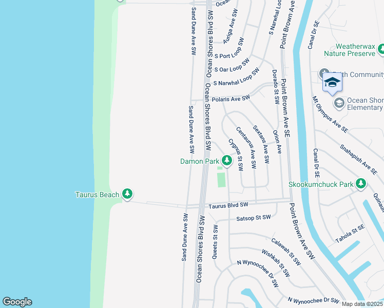 map of restaurants, bars, coffee shops, grocery stores, and more near 401 Sand Dune Avenue Southwest in Ocean Shores
