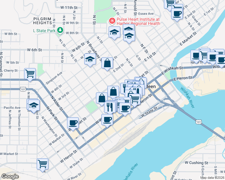 map of restaurants, bars, coffee shops, grocery stores, and more near 118 West 1st Street in Aberdeen