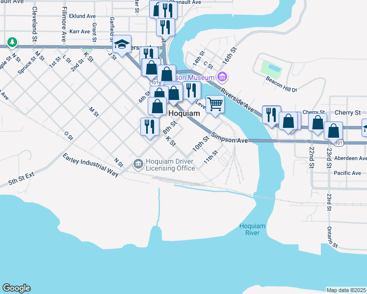 map of restaurants, bars, coffee shops, grocery stores, and more near in Hoquiam