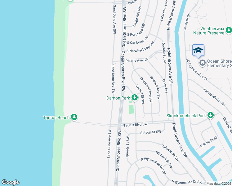 map of restaurants, bars, coffee shops, grocery stores, and more near 383 Sand Dune Avenue Southwest in Ocean Shores