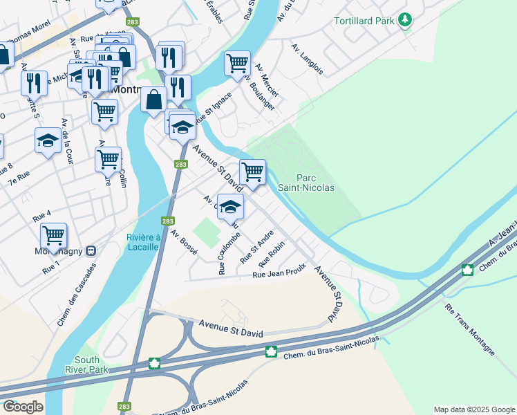 map of restaurants, bars, coffee shops, grocery stores, and more near Avenue Saint David in Montmagny