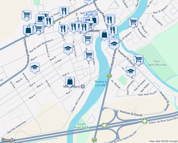 map of restaurants, bars, coffee shops, grocery stores, and more near 226 Avenue de la Gare in Montmagny