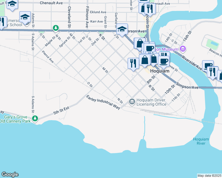 map of restaurants, bars, coffee shops, grocery stores, and more near 715 6th Street in Hoquiam
