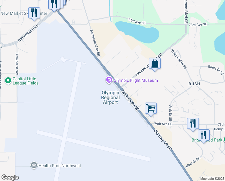 map of restaurants, bars, coffee shops, grocery stores, and more near 7643 Old Highway 99 Southeast in Tumwater