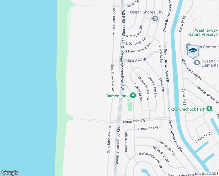 map of restaurants, bars, coffee shops, grocery stores, and more near 383 Sand Dune Avenue Southwest in Ocean Shores