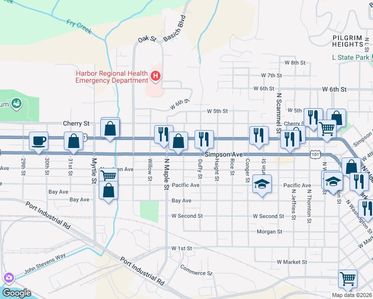 map of restaurants, bars, coffee shops, grocery stores, and more near 2222 Simpson Avenue in Aberdeen