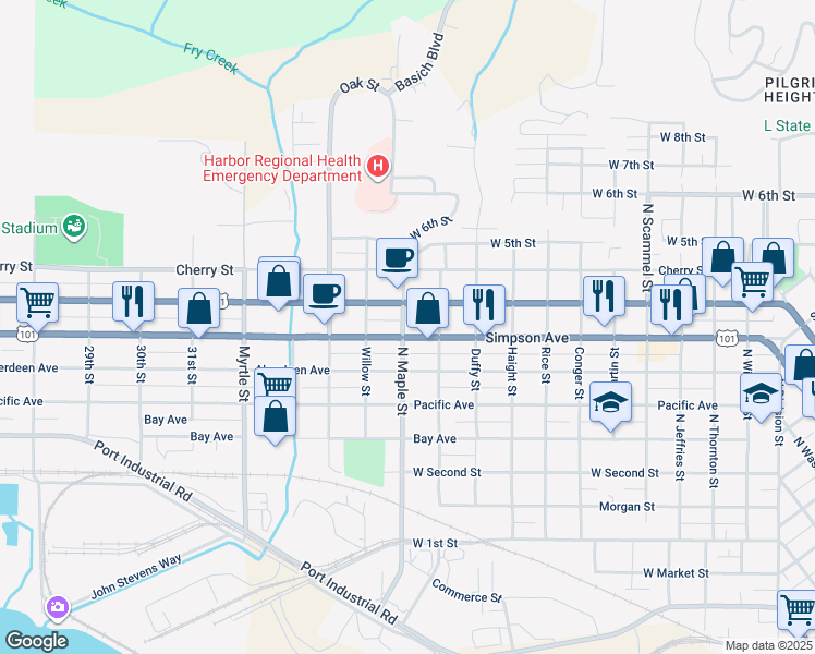 map of restaurants, bars, coffee shops, grocery stores, and more near 515 North Maple Street in Aberdeen