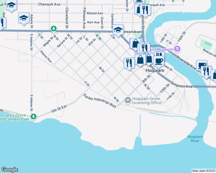map of restaurants, bars, coffee shops, grocery stores, and more near 715 6th Street in Hoquiam