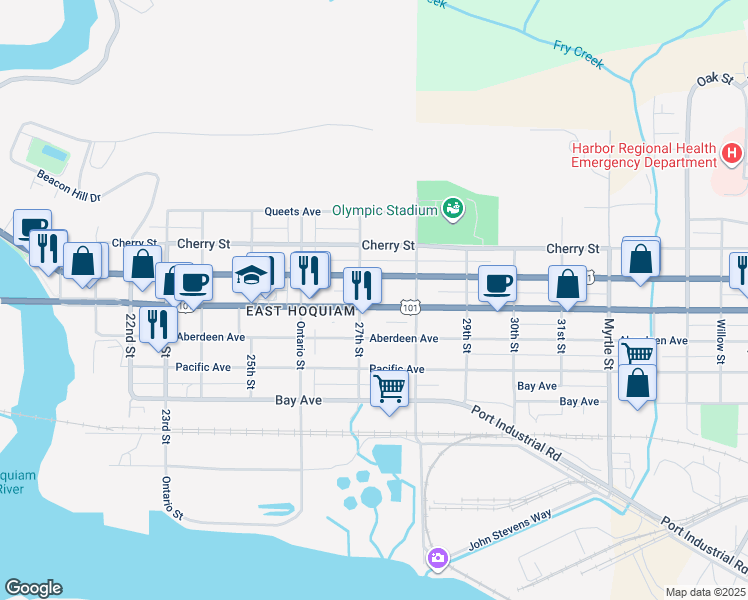map of restaurants, bars, coffee shops, grocery stores, and more near 2709 Simpson Avenue in Hoquiam
