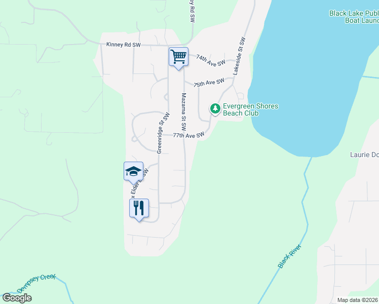 map of restaurants, bars, coffee shops, grocery stores, and more near 7717 Mazama Street Southwest in Olympia