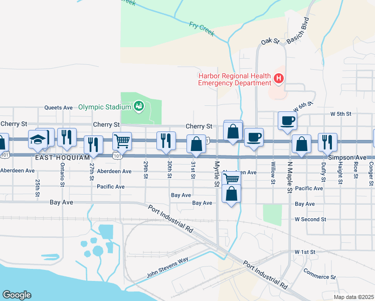 map of restaurants, bars, coffee shops, grocery stores, and more near 3025 Simpson Avenue in Hoquiam