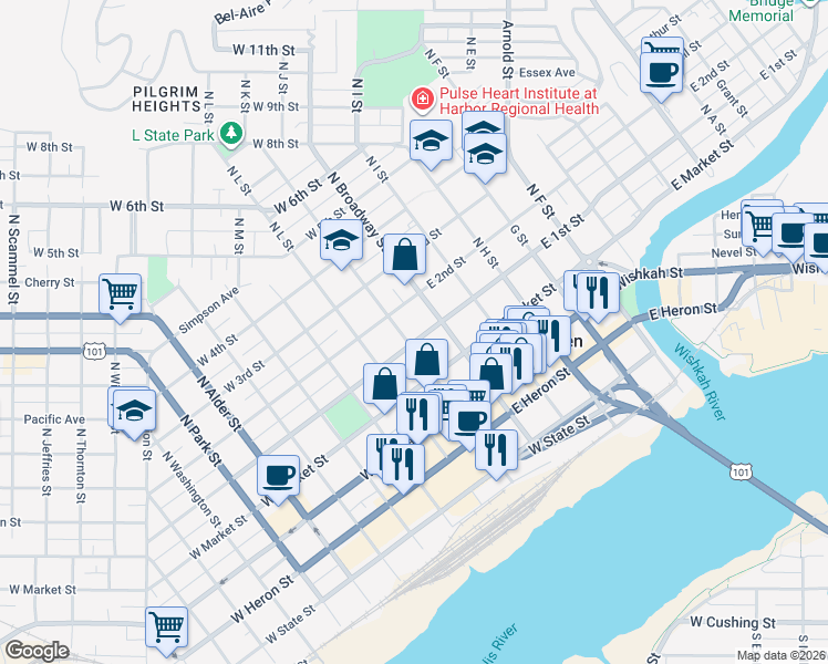 map of restaurants, bars, coffee shops, grocery stores, and more near 118 West 1st Street in Aberdeen