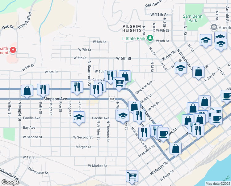 map of restaurants, bars, coffee shops, grocery stores, and more near 515 N Williams St in Aberdeen