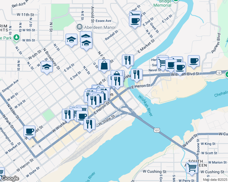 map of restaurants, bars, coffee shops, grocery stores, and more near 205 S G St in Aberdeen