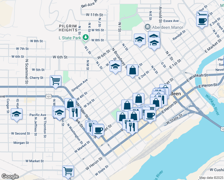 map of restaurants, bars, coffee shops, grocery stores, and more near 304 West 2nd Street in Aberdeen