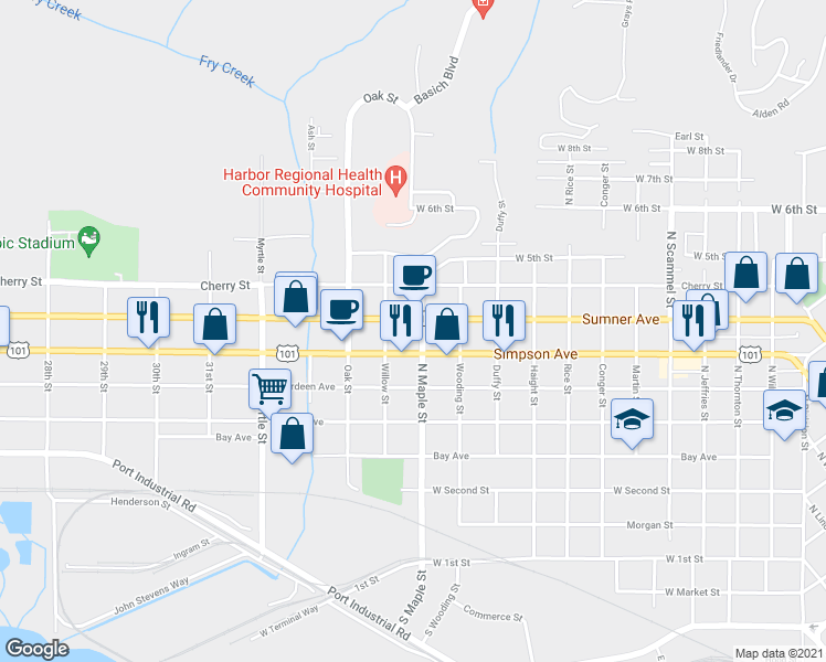 map of restaurants, bars, coffee shops, grocery stores, and more near 515 N Maple St in Aberdeen