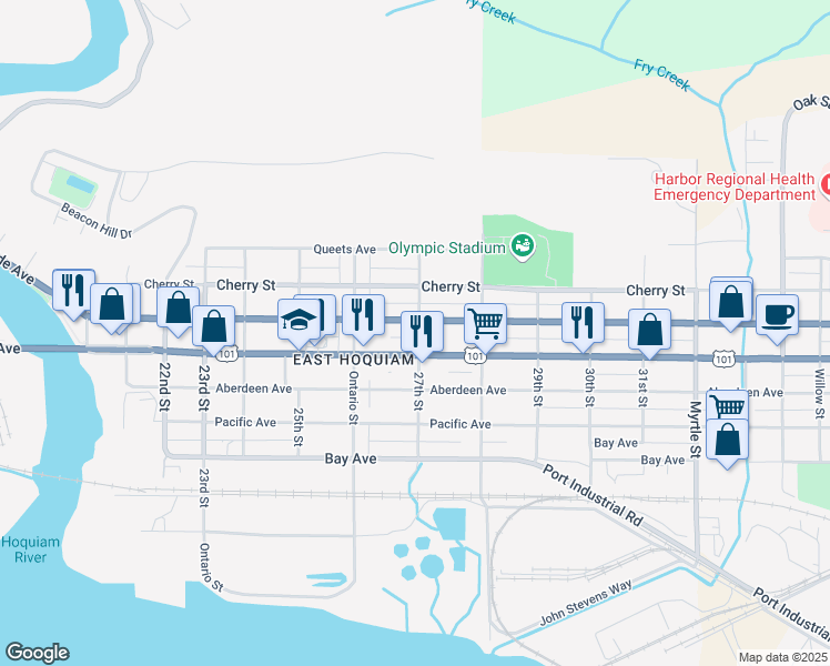 map of restaurants, bars, coffee shops, grocery stores, and more near 2709 Simpson Avenue in Hoquiam