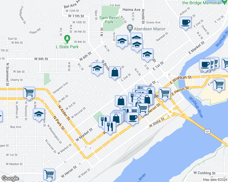 map of restaurants, bars, coffee shops, grocery stores, and more near 208 North K Street in Aberdeen