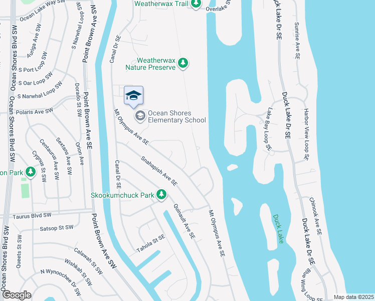 map of restaurants, bars, coffee shops, grocery stores, and more near 405 Eridani Loop Southeast in Ocean Shores