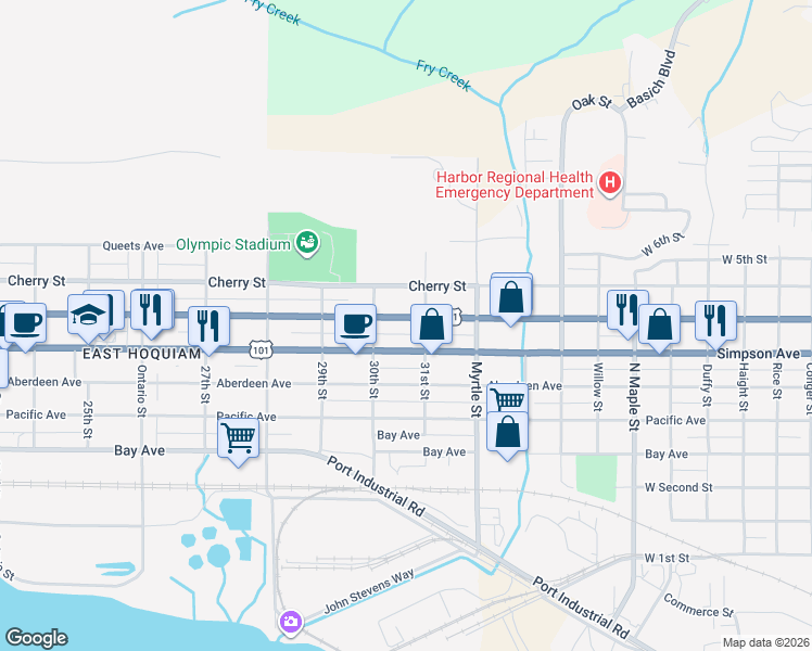 map of restaurants, bars, coffee shops, grocery stores, and more near 3025 Simpson Avenue in Hoquiam