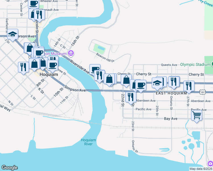 map of restaurants, bars, coffee shops, grocery stores, and more near 2023 U.S. 101 in Hoquiam