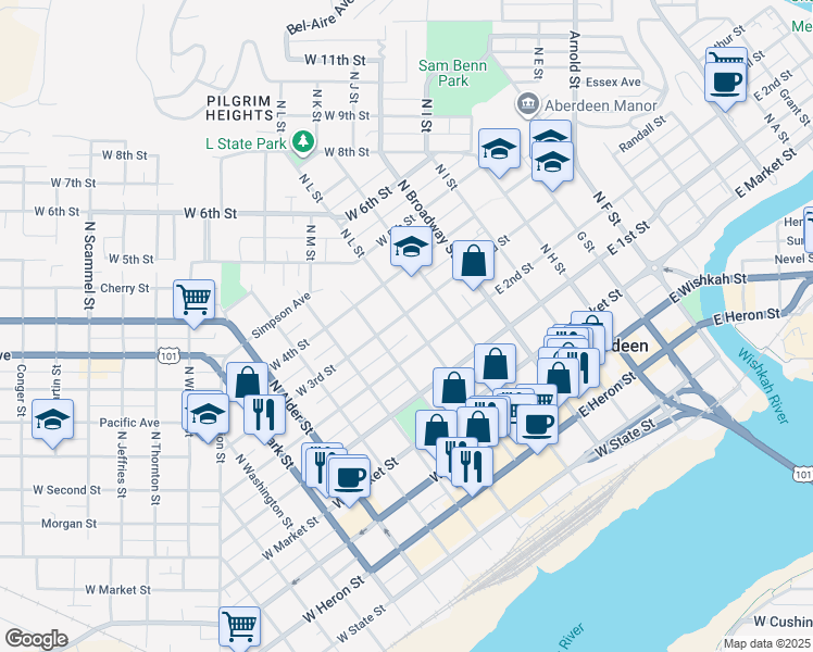 map of restaurants, bars, coffee shops, grocery stores, and more near 304 West 2nd Street in Aberdeen