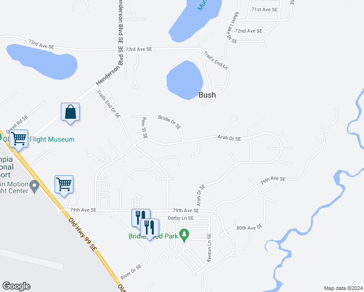 map of restaurants, bars, coffee shops, grocery stores, and more near 1447 Arab Drive Southeast in Olympia