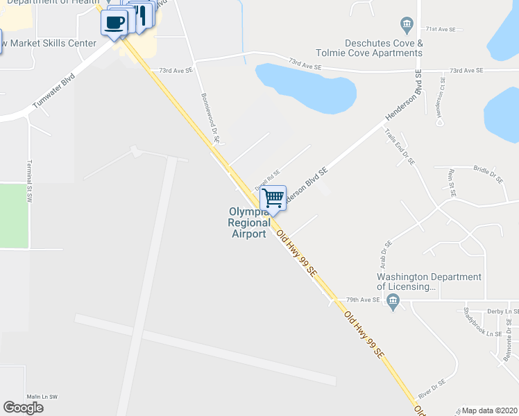 map of restaurants, bars, coffee shops, grocery stores, and more near 7643 Old Highway 99 Southeast in Olympia