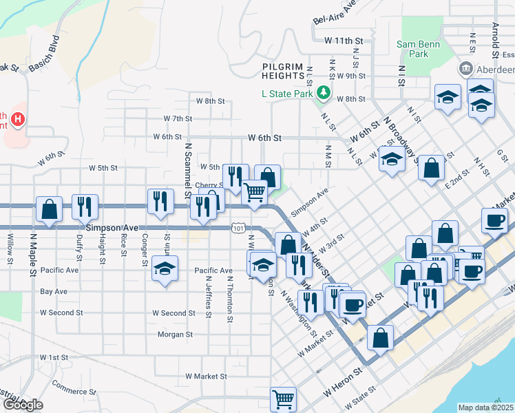 map of restaurants, bars, coffee shops, grocery stores, and more near 515 North Williams Street in Aberdeen