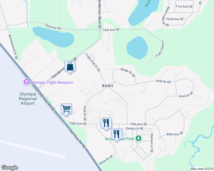 map of restaurants, bars, coffee shops, grocery stores, and more near Trails End Drive Southeast in Olympia