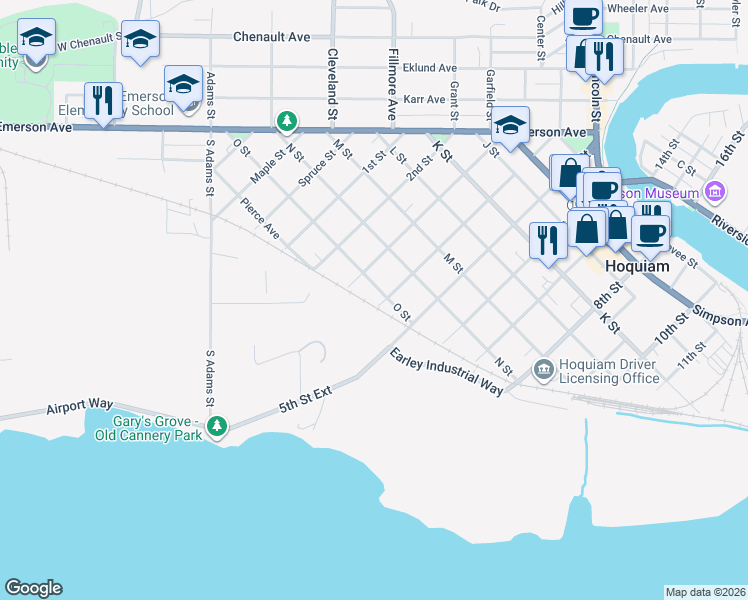 map of restaurants, bars, coffee shops, grocery stores, and more near 320 O Street in Hoquiam