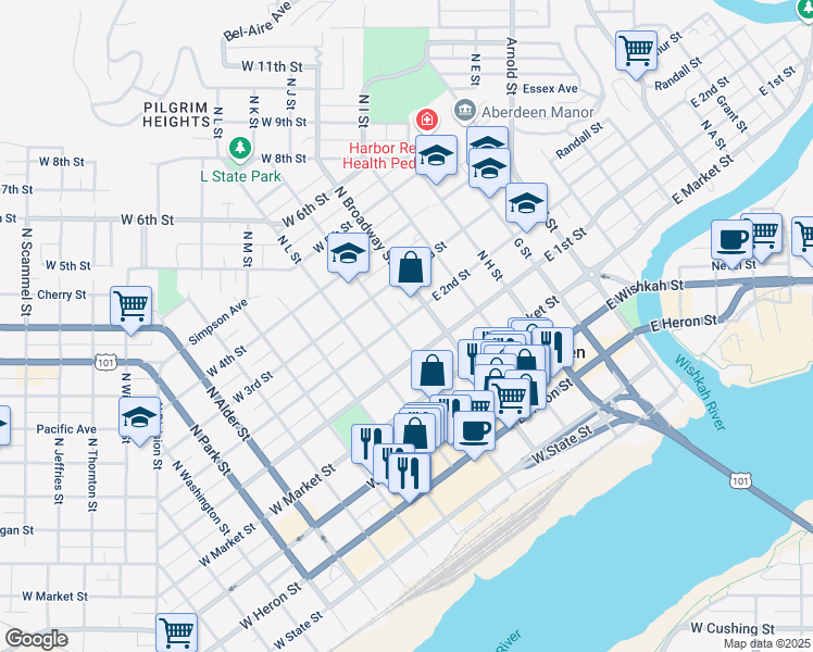 map of restaurants, bars, coffee shops, grocery stores, and more near 216 North K Street in Aberdeen